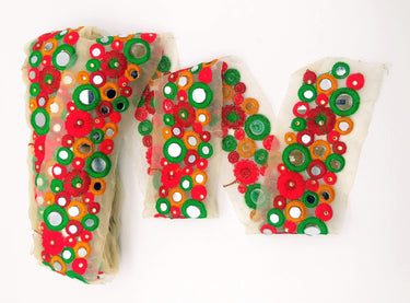 Gold Sheer Tissue Fabric Trim With Red And Green Circles and Floral Embroidery With Mirror Embellishments, Indian Mirrored Trim